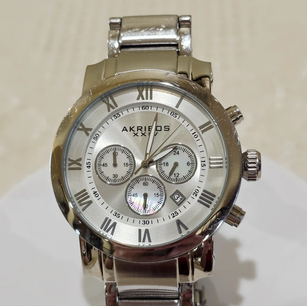 Akribos XXIV Grandiose Chronograph Large Men's Watch Stainless MOP Accent Runs